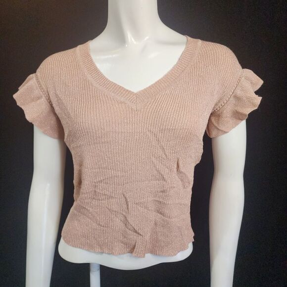 Yuka Rose Gold Sparkly Short Ruffle Sleeve Blouse - Picture 2 of 6